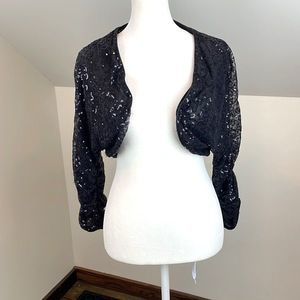 Eliza J Black Sequin Cocktail Party Holiday Cropped Shrug Overlay Cover Jacket L